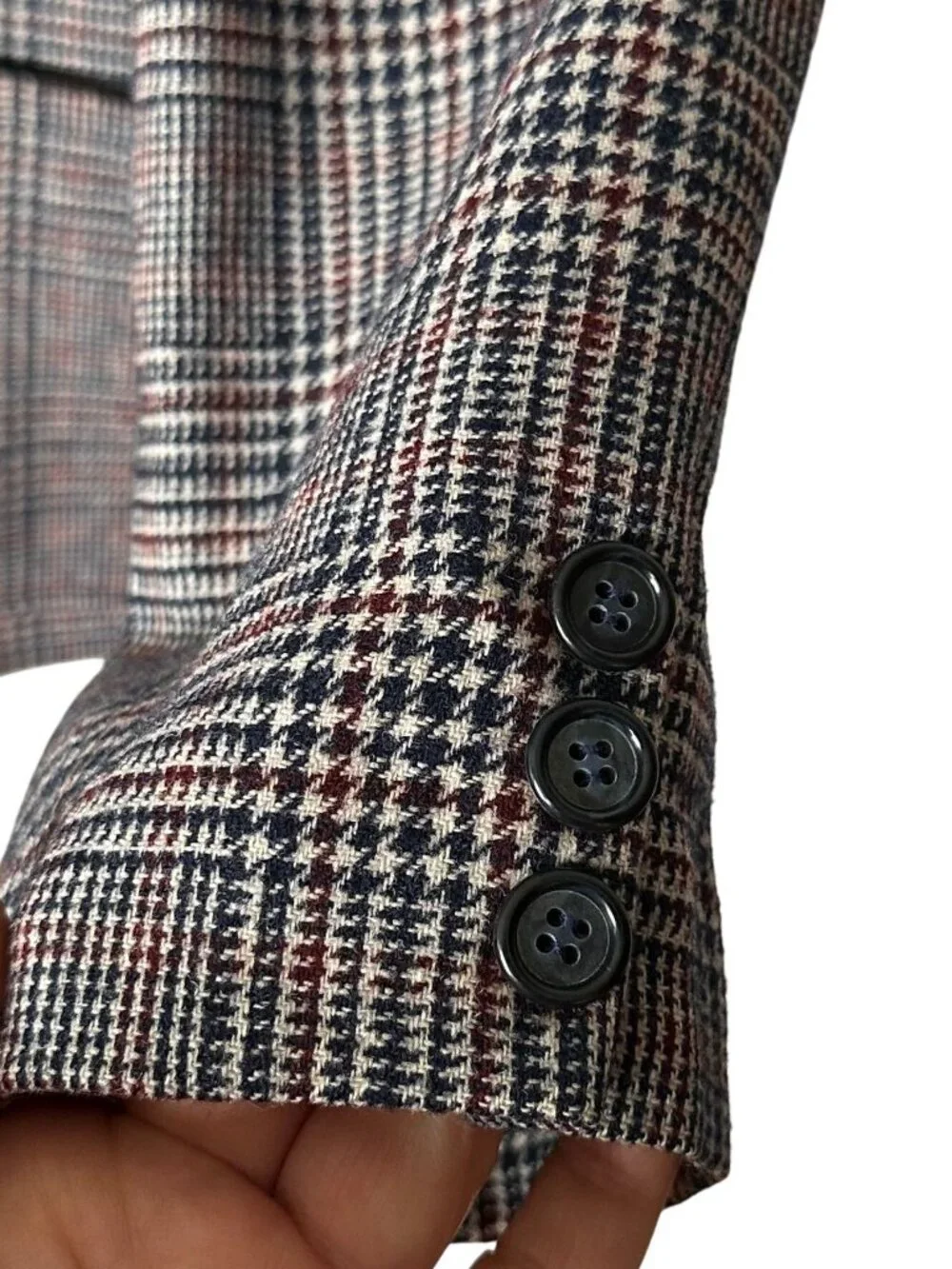 Vintage 70s Houndstooth Plaid Blazer Navy Burgundy Wool Look Tailored Jacket